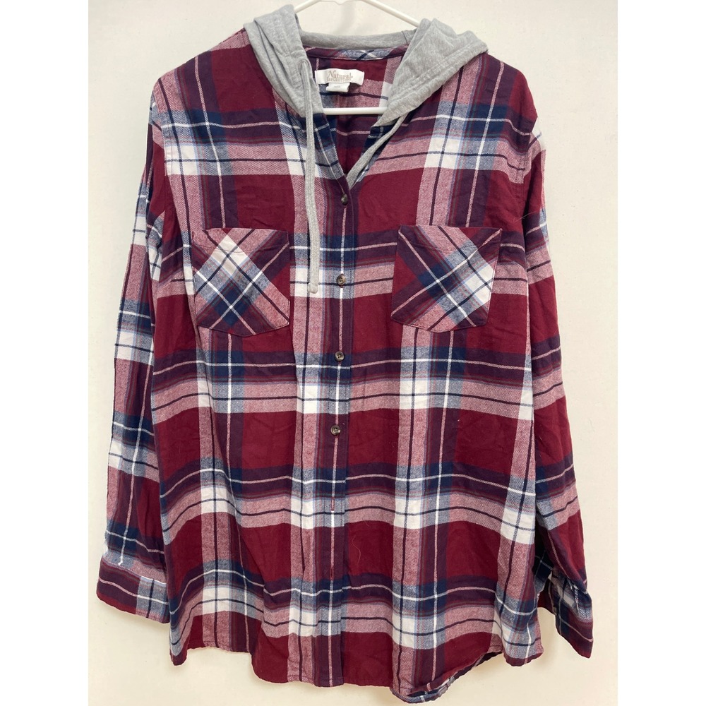 Natural Reflections Womens XL Plaid Flannel Hooded Button Down Shirt Burgundy